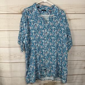 Benson Aqua Blue Floral Print Short Sleeve Button Up Size XL
